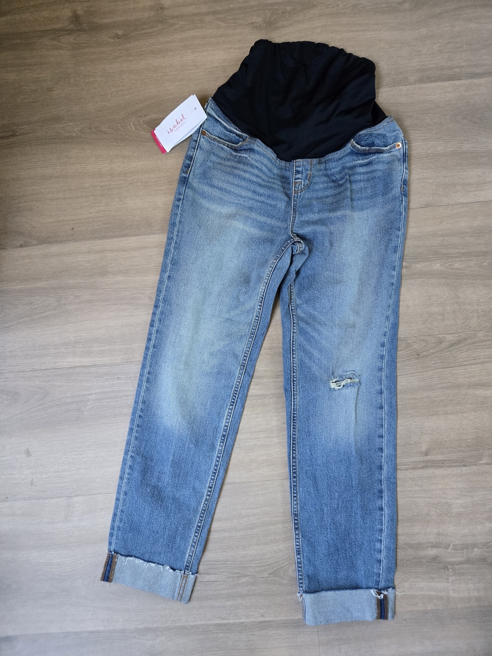 Ingrid & Isabel Blue Denim Boyfriend Maternity Jeans with Black Overband